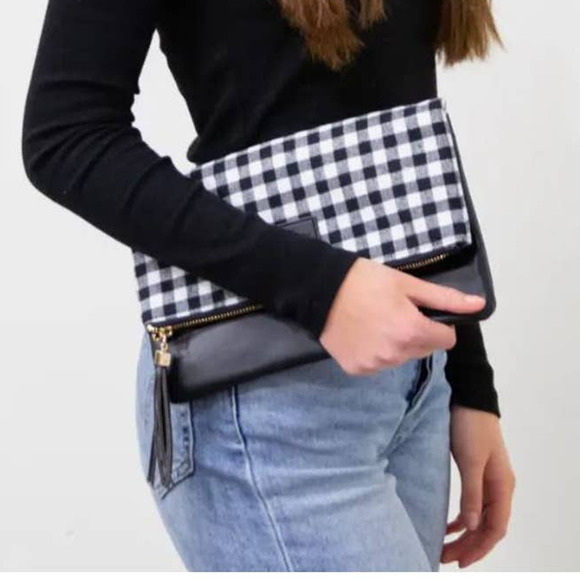 Funky Monkey Handbags - Black White Buffalo Check Foldover Clutch